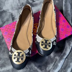 Tory Burch Minnie Cap-Toe Ballet Flats Snake Print Black Size 8.5